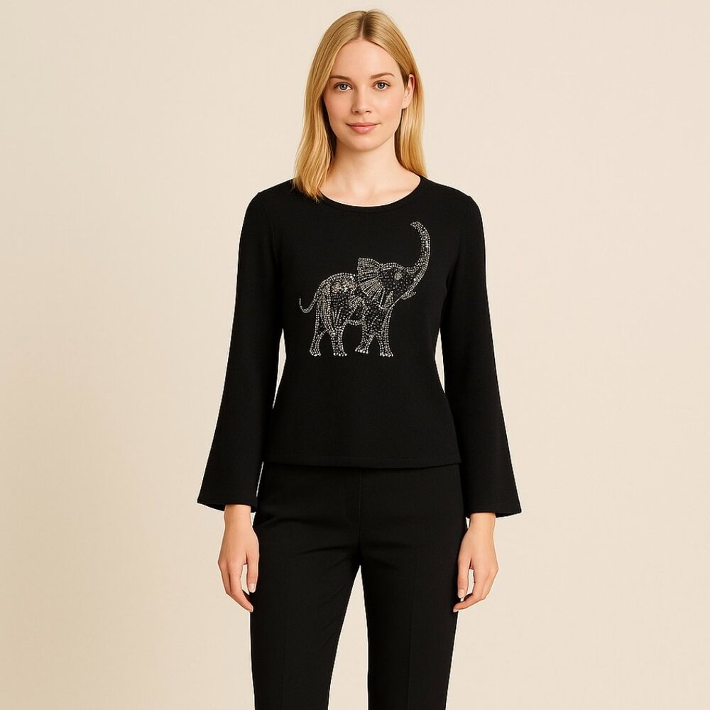 Michael Simon Beaded Elephant Graphic Silk Blend Knit Sweater Black Size L